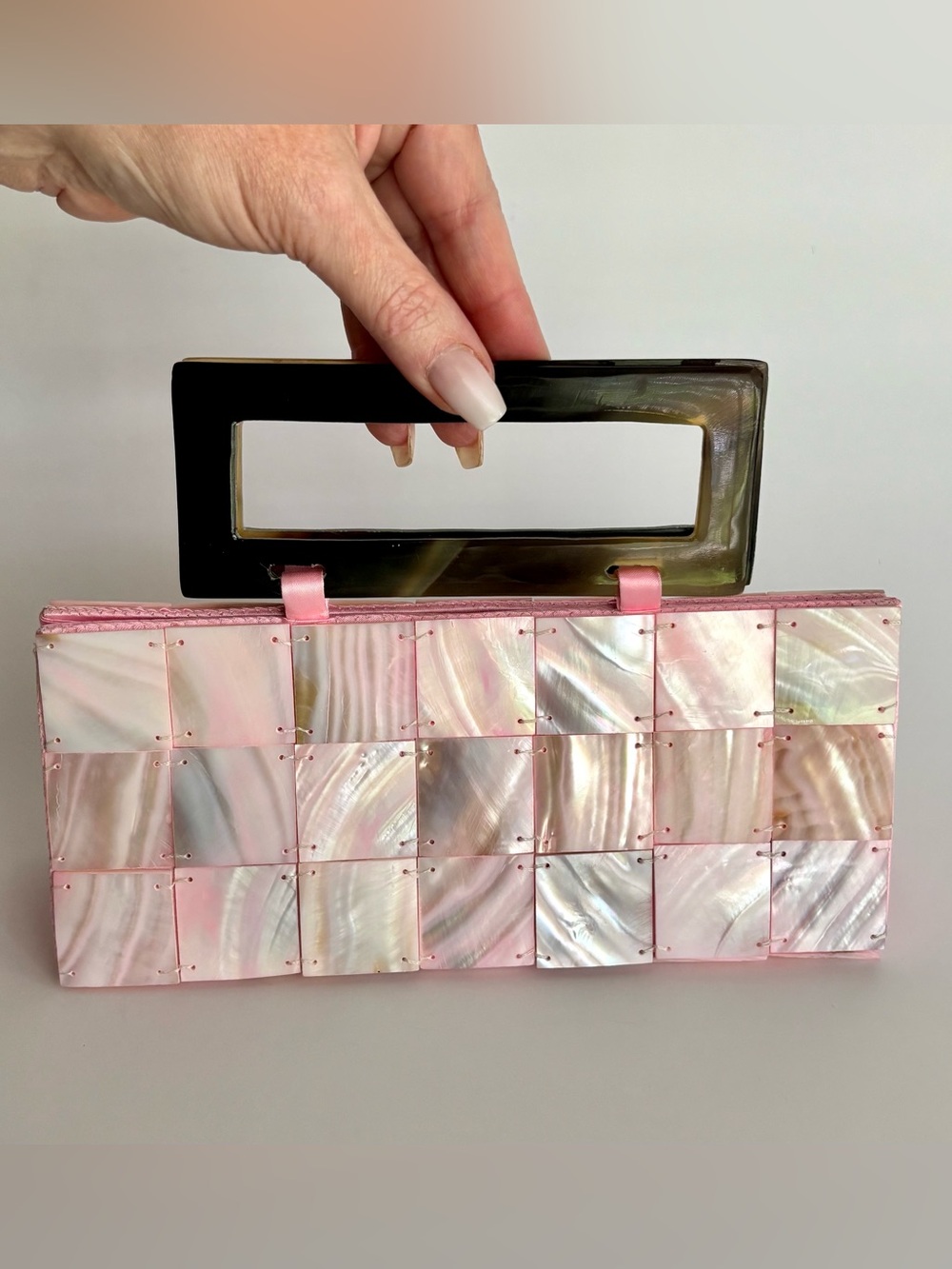 Pink Iridescent Shell Tile Mini Bag with Rectangular Handle